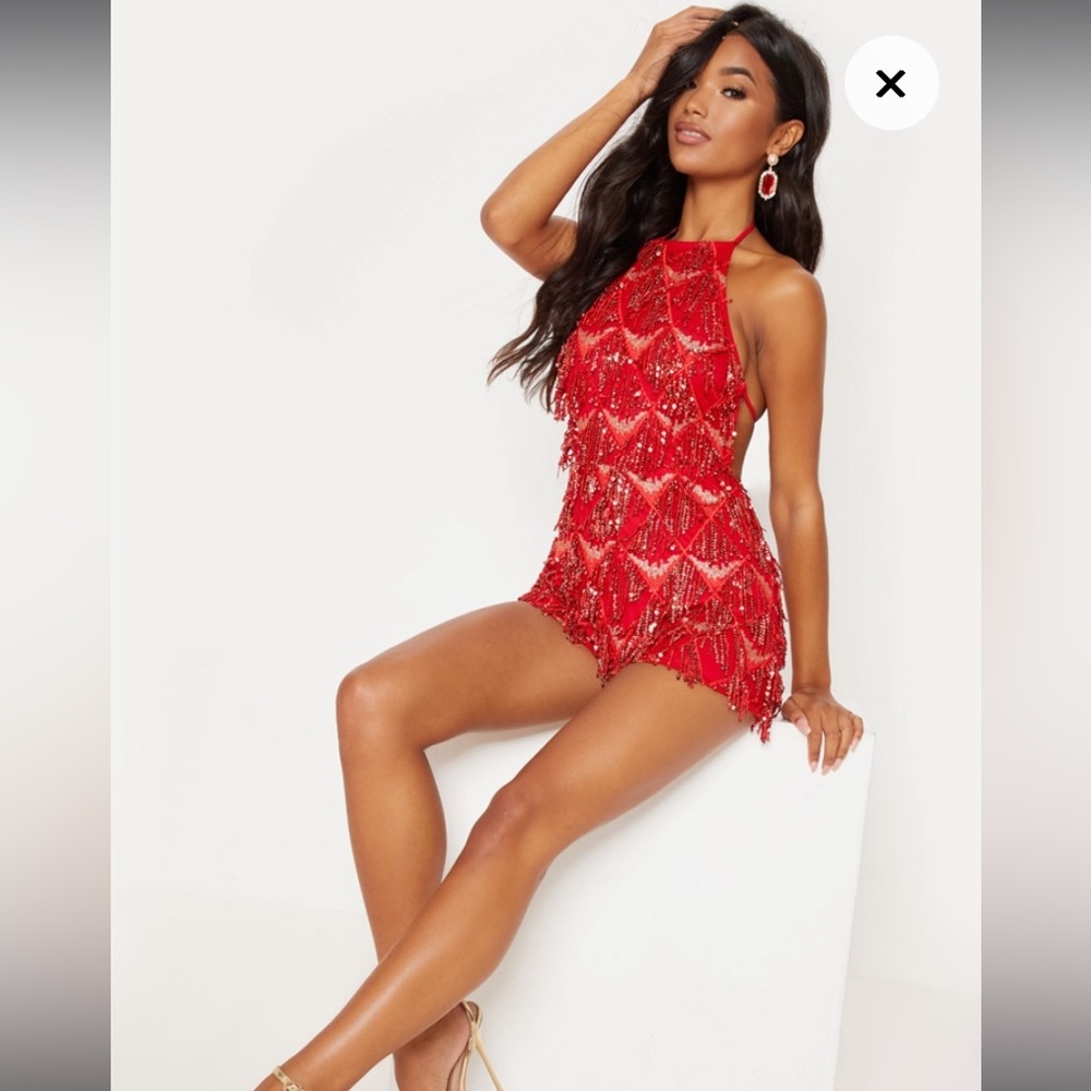 Pretty Little Thing red sequin tassel tie back romper sz 8